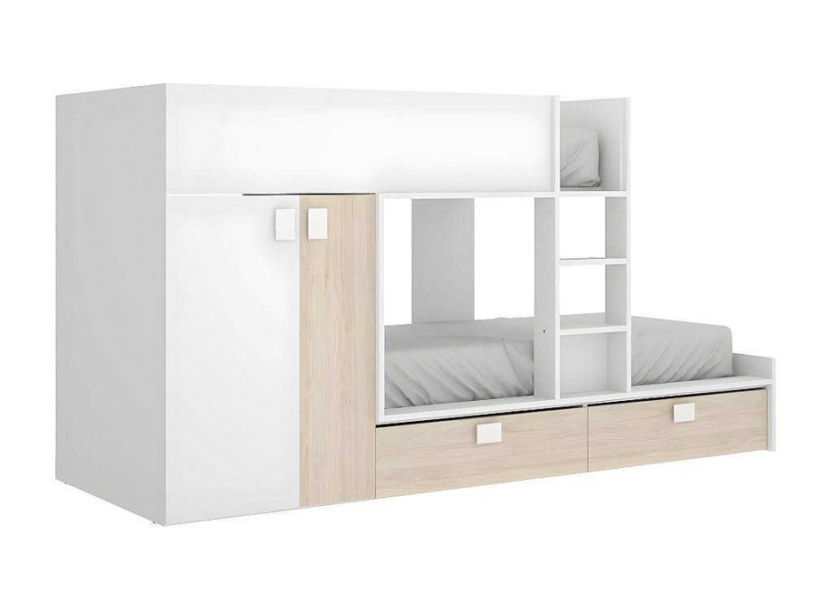 Cama De Crianca | Vente-unique Beliche Com Armario Integrado De 2 X 90 X 190 Cm Cor Branco E Natural - Juanito