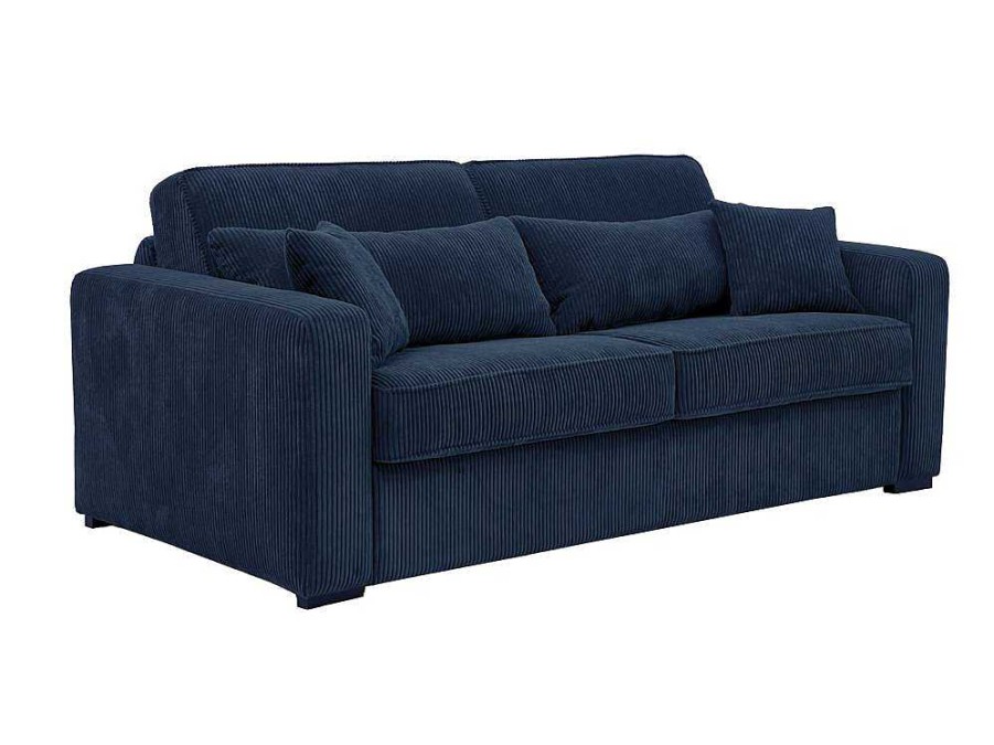 Sofa Cama De Abertura Rapida | Vente-unique Sofa De 4 Lugares Convertivel Abertura Rapida Veludo Canelado Azul, Cama De 160 Cm, Colchao De 18 Cm - Mondovi