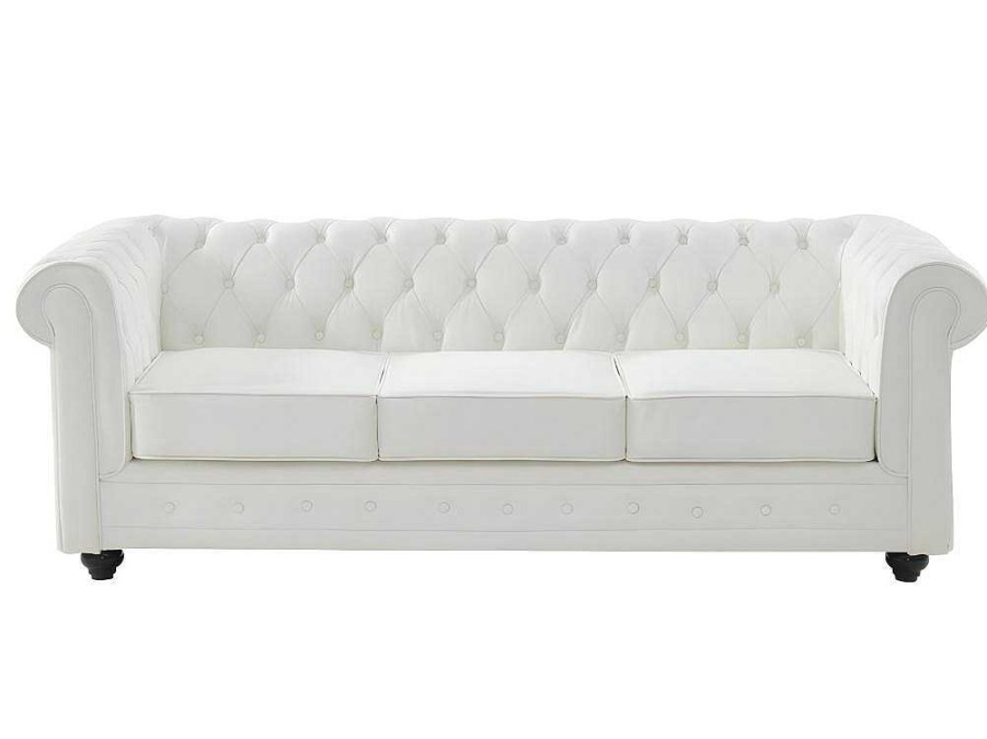 Sofa Em Pele | Vente-unique Sofa De 3 Lugares Em Pele De Bufalo - Branco - Chesterfield