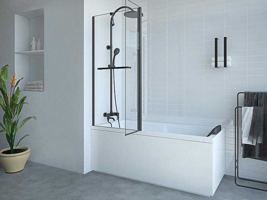 Resguardo De Banheira | Shower & Design Painel De Banheira Com Toalheiro E Retorno Giratorio Preto Mate (70 + 30) X 140 Cm - Primael