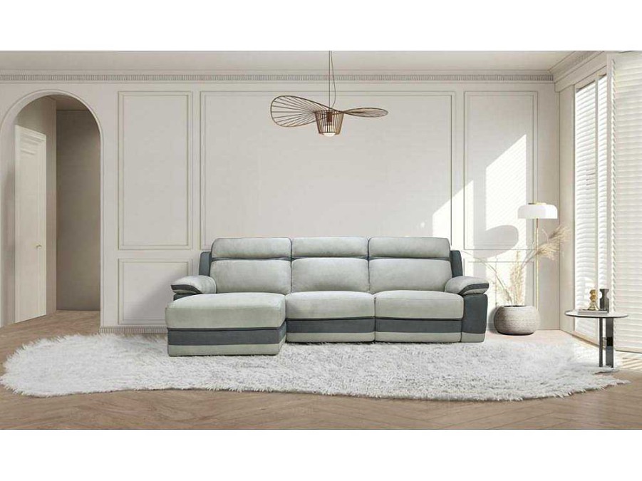 Sofa De Relaxamento Manual | Vente-unique Sofa De Canto Esquerdo Articulado Microfinra Cinzento-Claro E Faixas Antracite - Talca