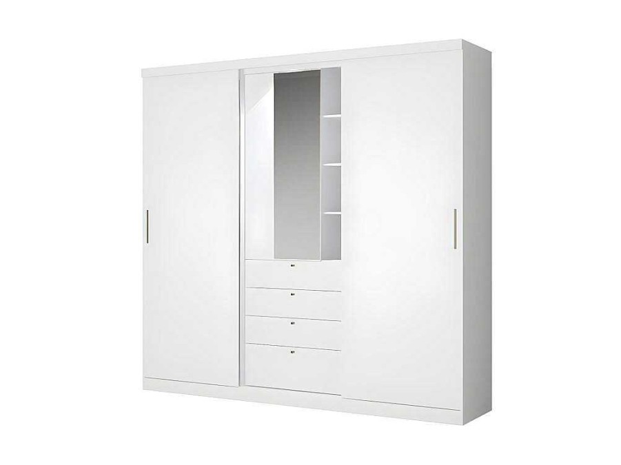 Armario E Roupeiro | Vente-unique Armario Com Portas Deslizantes Espelho E Gavetas C.240Cm Branco - Bodil