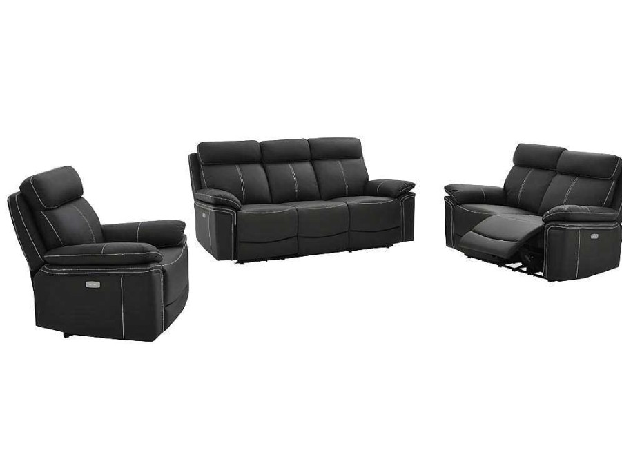 Conjunto Sofa E Poltrona | Vente-unique Sofa De 3+2+1 Lugares Relax Eletrico Em Pele Preto - Isiris