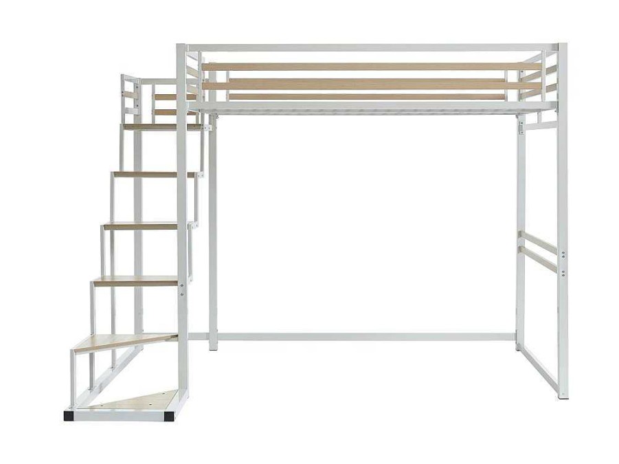 Cama Alta | Vente-unique Cama Alta 140X200 Cm Metal E Mdf Branco + Colchao - Jogui