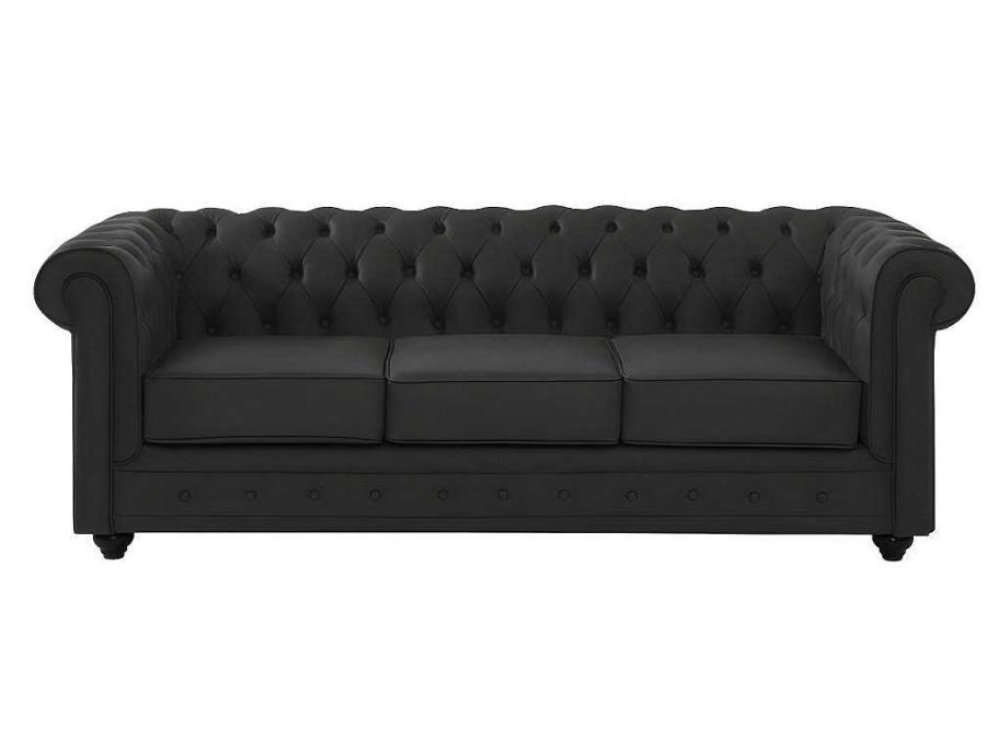 Sofa Em Pele | Vente-unique Sofa De 3 Lugares Em Pele De Bufalo - Preto - Chesterfield