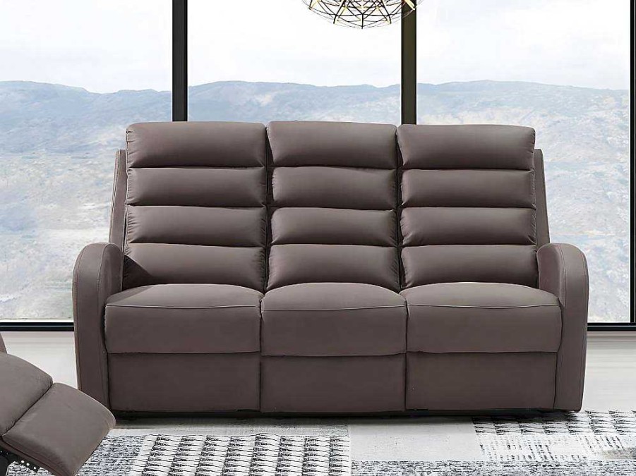 Sofa De Relaxamento Manual | Vente-unique Sofa De 3 Lugares Relax Em Tecido Castanho - Giorgia