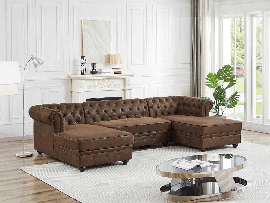 Sofa Panoramico | Vente-unique Sofa De Canto Panoramico Microfibra Aspeto Couro Envelhecido - Chesterfield