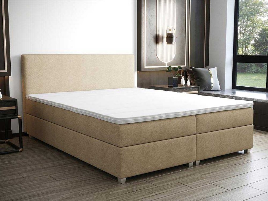 Cama Boxspring, Cama Continental | Ysmée Conjunto Completo Boxspring Com Cabeceira + Sommier + Colchao + Sobrecolchao 160 X 200 Cm Tecido Bege - Onan De Ysmee