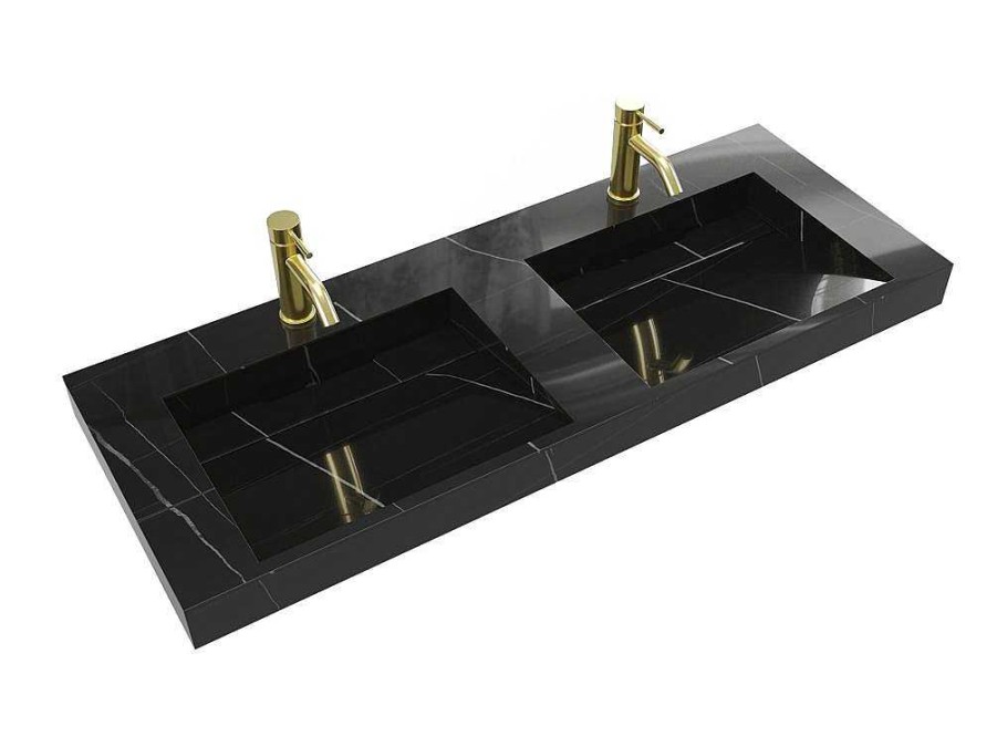 Lavatorio | Shower & Design Lavatorio Duplo Suspenso Em Solid Surface Efeito Marmore Preto C120,2Xl45,2Xa8 Cm - Takotna