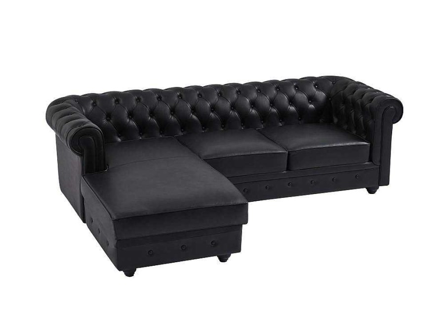 Sofa Em Pele | Vente-unique Sofa De Canto Esquerdo Chesterfield Em Couro Preto - Toledo