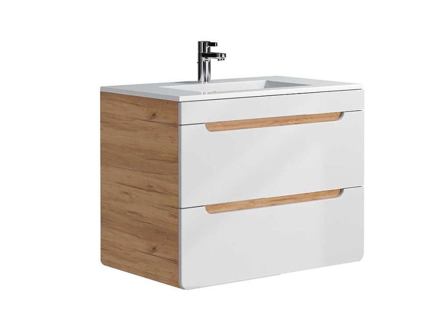 Movel Lavatorio Individual | Vente-unique Movel De Casa De Banho Suspenso Com Lavatorio De Encastrar Cor Natural E Branca 80 Cm - Aruba