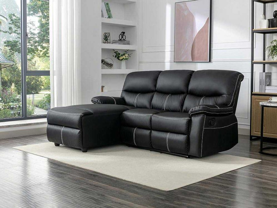 Sofa De Relaxamento Manual | Vente-unique Sofa De Canto Esquerdo Articulado Pele Sintetica Preto - Canby