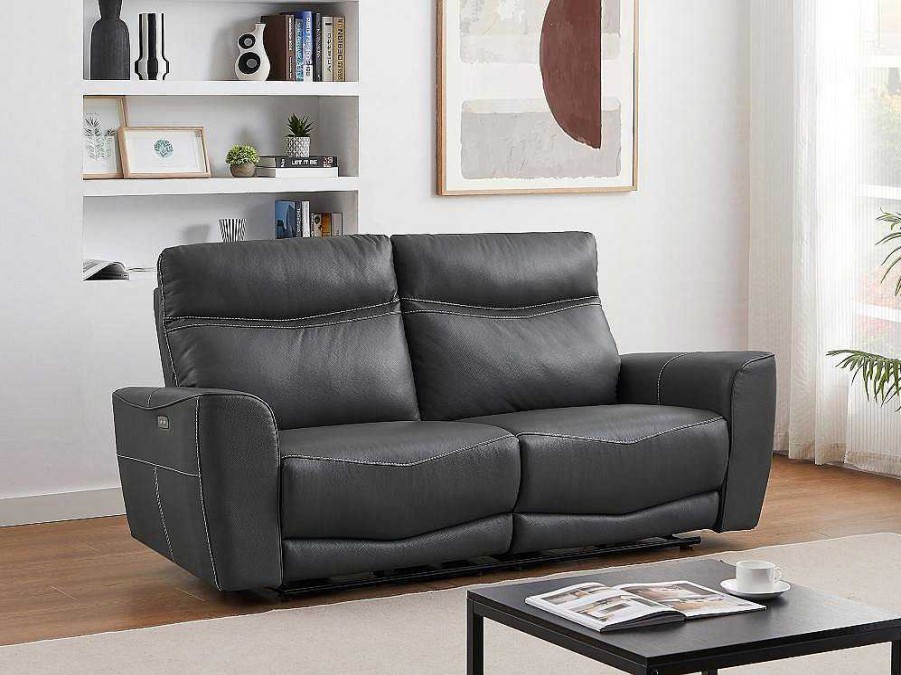 Sofa De Relaxamento Eletrico | Vente-unique Sofa De 3 Lugares Articulado Eletrico Em Couro De Vaca Antracite - Damon