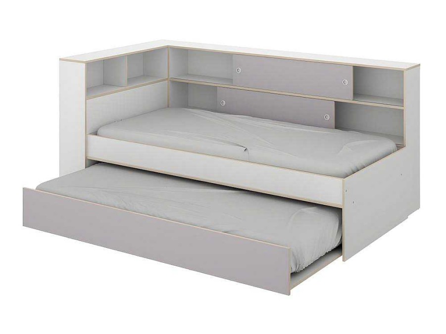 Cama Dupla | Vente-unique Cama Dupla Com Espacos De Arrumacao De 90 X 200 E 90 X 190 Cm Cor Branco E Cinza - Losiana