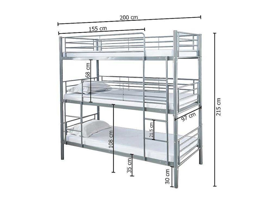 Cama De Adulto | Saldosystocks Beliche Triplo Com Estrutura Metalica Cinza, 215X200X97Cm