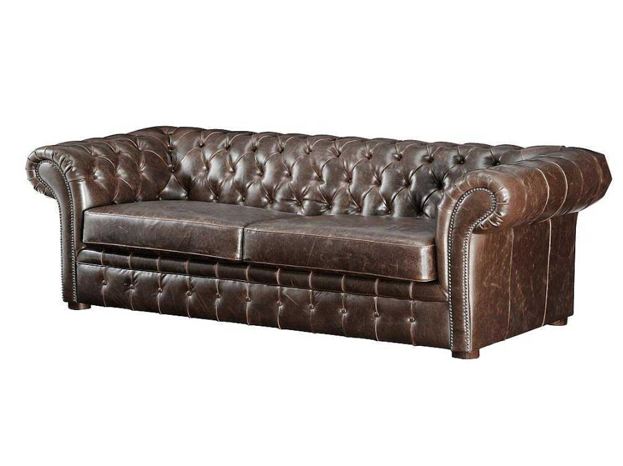 Conjunto De Sofa | Vente-unique Sofa De 3+2 Lugares 100% Couro Envelhecido Estilo Chesterfield - Clotaire