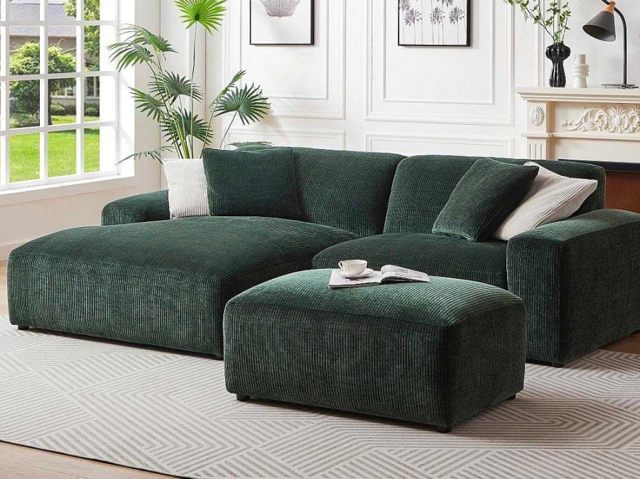 Sofa De 4 Lugares | Maison Céphy Sofa De Canto Esquerdo Em Veludo Canelado Verde Abeto - Tirono