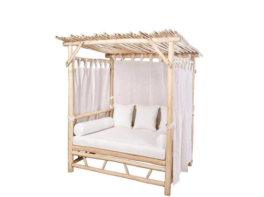 Espreguicadeira | MYLIA Cama De Jardim Com Dossel Em Teca Cor Natural Claro E Branco - Tulum