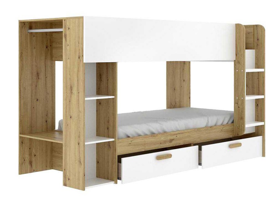 Cama De Crianca | Vente-unique Beliche 2X90X200 Cm Com Espacos De Arrumacao E Barra De Pendurados Branco E Natural - Ozana