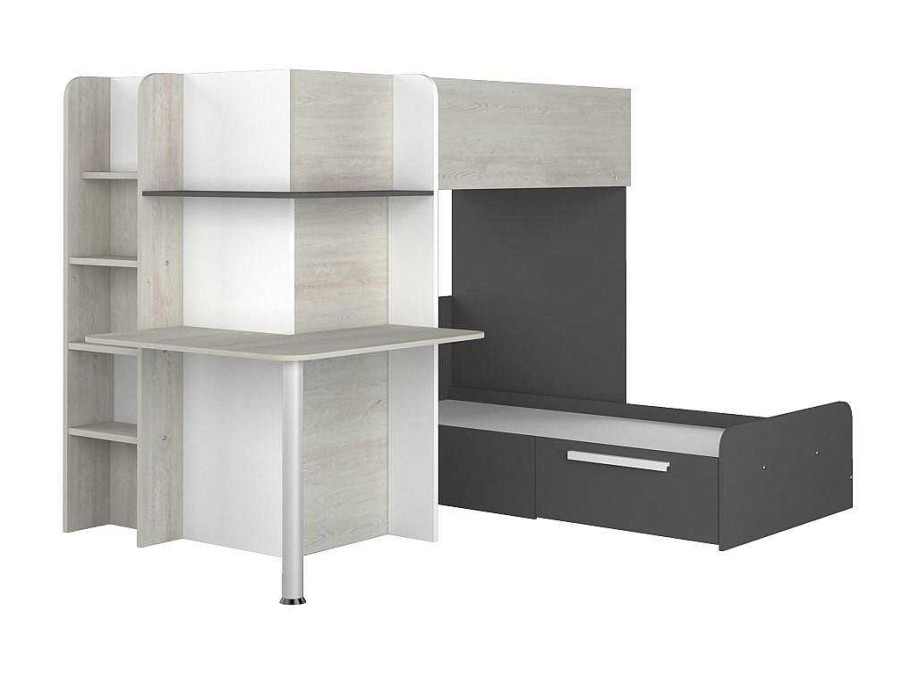 Cama De Crianca | Vente-unique Beliche 2 X 90 X 190 Cm Com Secretaria Cinza, Branco E Preto - Samuel