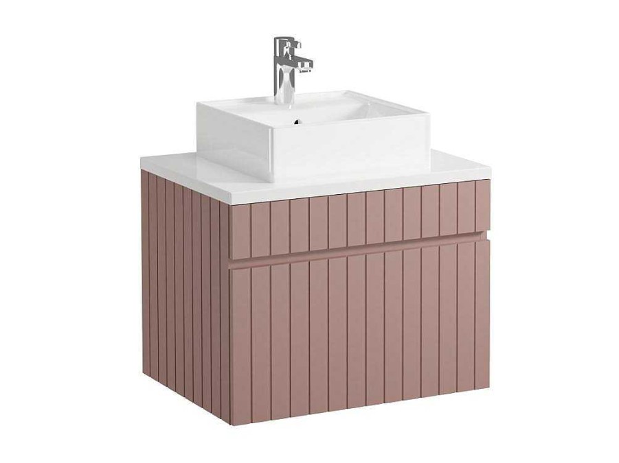 Movel Lavatorio Individual | Vente-unique Movel De Casa De Banho Suspenso Estriado Cor-De-Rosa Com Lavatorio De Pousar 60 Cm - Satara