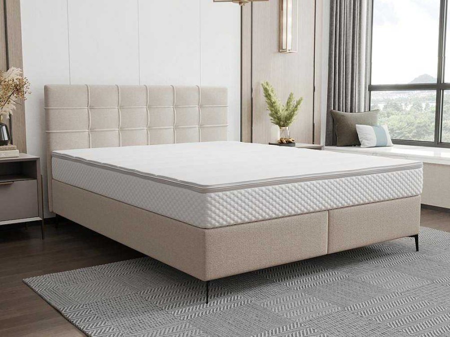 Cama Boxspring, Cama Continental | Ysmée Conjunto Completo Boxspring Com Cabeceira Estofada + Sommier + Colchao + Sobrecolchao 180 X 200 Cm Tecido Bege - Inao De Ysmee